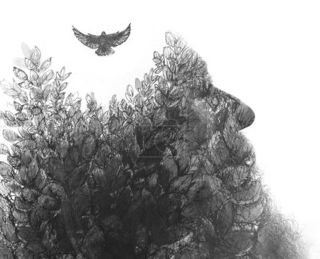 Ein Schwarz-Weiß-Porträt kombiniert mit einem künstlerischen Gemälde eines Vogels, der in der Malerei über Blätter fliegt