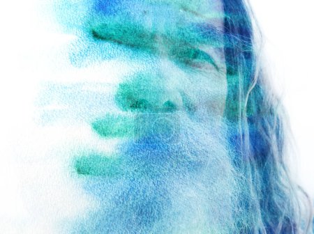 A closeup portrait of an old bearded man combined with a watercolor painting and dissolving into the background