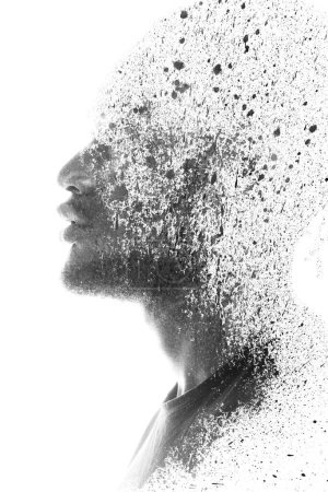 Photo for A black and white half-profile portrait of a man combined with a black paint splashes texture in double exposure technique - Royalty Free Image