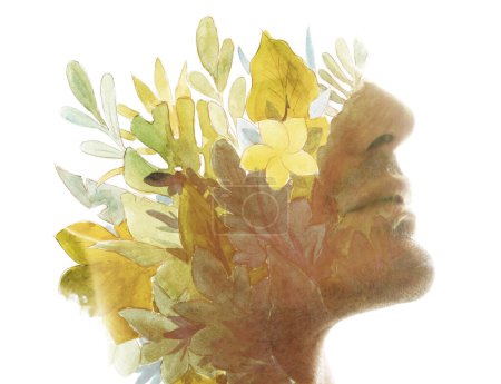 Téléchargez les photos : Portrait de profil d'un homme fusionné avec une peinture florale dans une peinture - en image libre de droit
