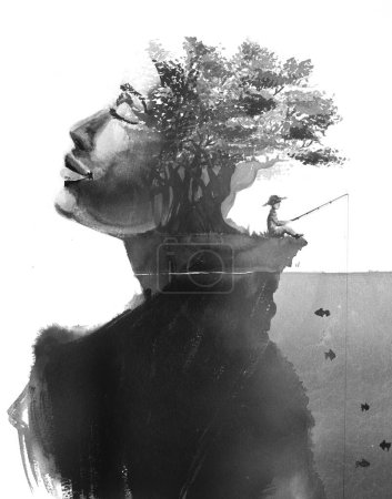 Photo for A surreal black and white painted portrait of a profile of a woman with closed eyes. Combined with a painting of a lonely fisherman under a tree in double exposure technique. - Royalty Free Image