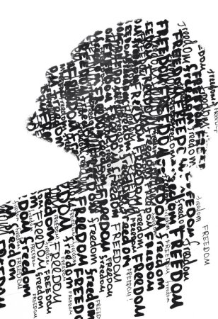 Téléchargez les photos : Une silhouette de profil d'un homme levant les yeux fusionné avec le lettrage dans une peinture - en image libre de droit