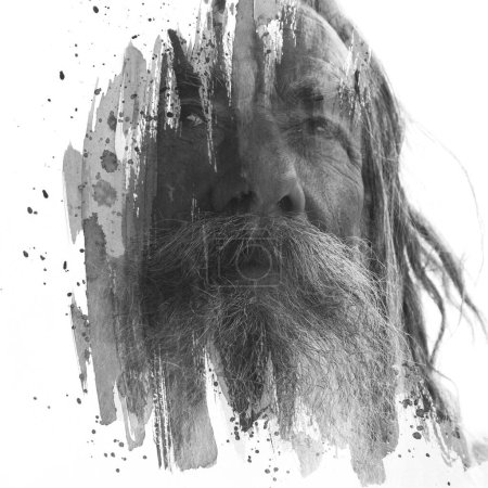 Photo for A black-and-white paintography portrait of an old bearded man, combined with brush strokes and paint stains in double exposure - Royalty Free Image