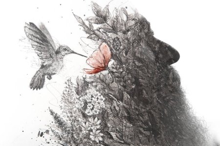 Retrato en blanco y negro de un hombre barbudo fusionado con una pintura artística de un pájaro colibrí bebiendo rocío de una flor roja en una pintura