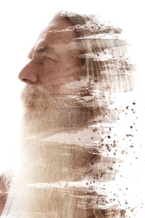 A profile portrait of an old bearded man with a beard and a moustache merged with a brushstroke and a paint splash art in a paintography