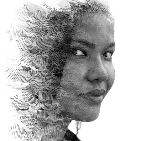 Photo for A black and white half profile portrait of a young Asian woman merged with a graphical pattern in a paintography - Royalty Free Image