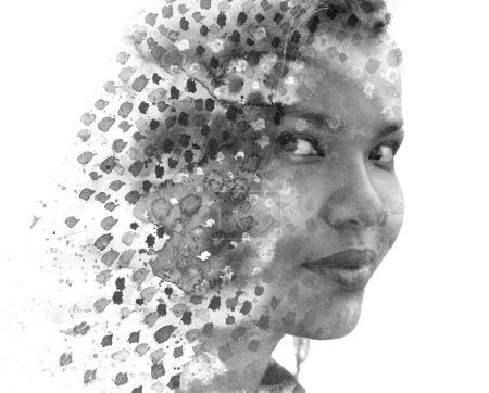 Photo for A half profile portrait of an Asian woman merged with a dotted ink pattern in a paintography - Royalty Free Image