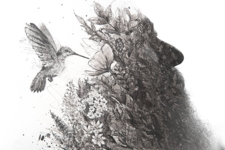 Retrato en blanco y negro de un hombre barbudo fusionado con una pintura artística de un pájaro colibrí bebiendo rocío en una pintura