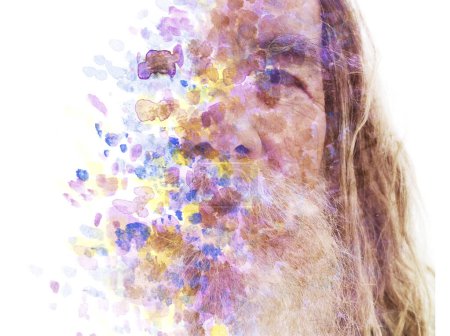 A full front half transparent closeup portrait of an old bearded man merged with an abstract colorful painting in a paintography