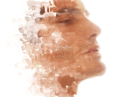 Photo for A profile portrait of a man looking straight merged with brush dabs pattern in a paintography - Royalty Free Image