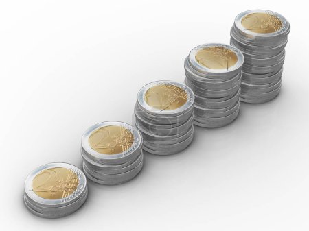 Foto de Dos monedas de euro se apilan sobre un fondo blanco. ilustración 3d
. - Imagen libre de derechos