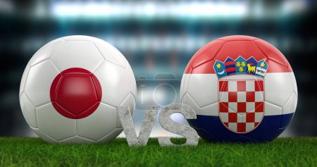 Qatar 2022 Coupe du monde de football ronde de 16 Japon vs Croatie. Illustration 3d.