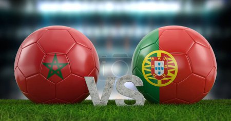 Qatar 2022 Copa Mundial de Fútbol cuartos de final Marruecos vs Portugal. ilustración 3d.