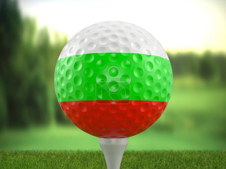 Foto de Golf ball Bulgaria flag on a golf course. 3d illustration. - Imagen libre de derechos