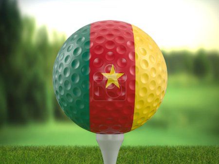 Téléchargez les photos : Golf ball Cameroon flag on a golf course. 3d illustration. - en image libre de droit