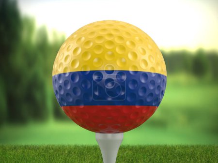Téléchargez les photos : Golf ball Colombia flag on a golf course. 3d illustration. - en image libre de droit