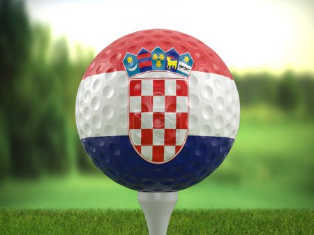Téléchargez les photos : Golf ball Croatia flag on a golf course. 3d illustration. - en image libre de droit