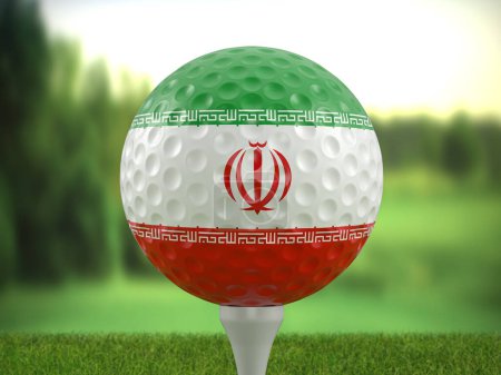 Téléchargez les photos : Golf ball Iran flag on a golf course. 3d illustration. - en image libre de droit