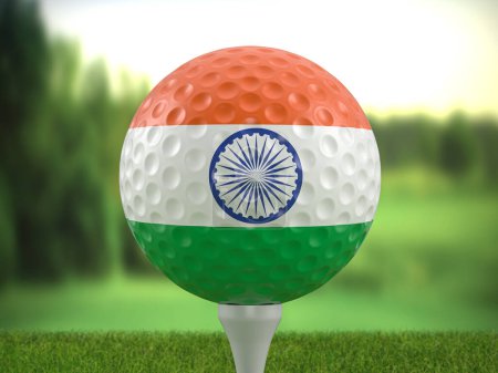Foto de Golf ball India flag on a golf course. 3d illustration. - Imagen libre de derechos