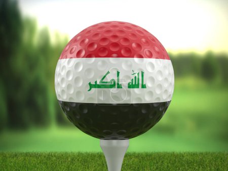 Téléchargez les photos : Golf ball Iraq flag on a golf course. 3d illustration. - en image libre de droit