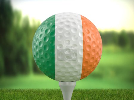 Foto de Golf ball Ireland flag on a golf course. 3d illustration. - Imagen libre de derechos