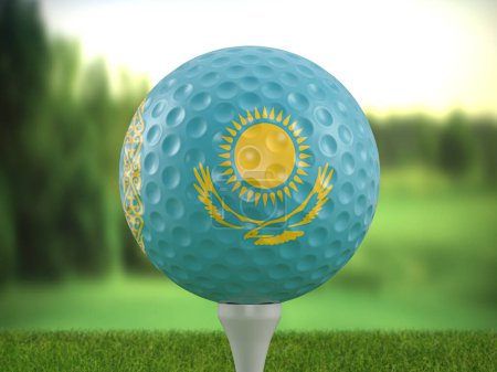 Téléchargez les photos : Golf ball Kazakhstan flag on a golf course. 3d illustration. - en image libre de droit