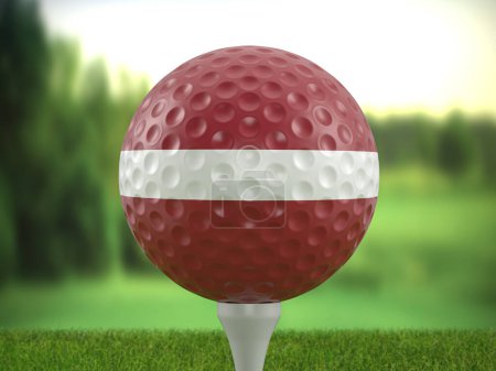 Téléchargez les photos : Golf ball Latvia flag on a golf course. 3d illustration. - en image libre de droit