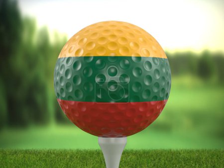Foto de Golf ball Lithuania flag on a golf course. 3d illustration. - Imagen libre de derechos