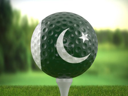 Téléchargez les photos : Golf ball Pakistan flag on a golf course. 3d illustration. - en image libre de droit