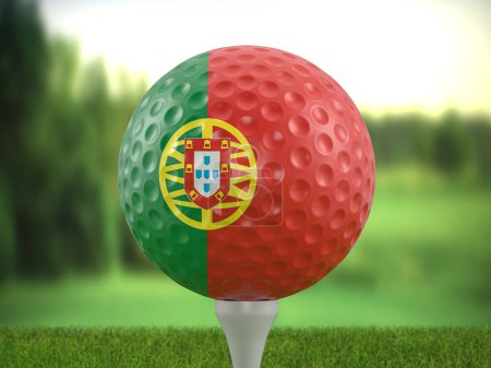 Golf ball Portugal flag on a golf course. 3d illustration.