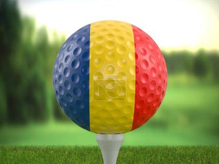 Téléchargez les photos : Golf ball Romania flag on a golf course. 3d illustration. - en image libre de droit