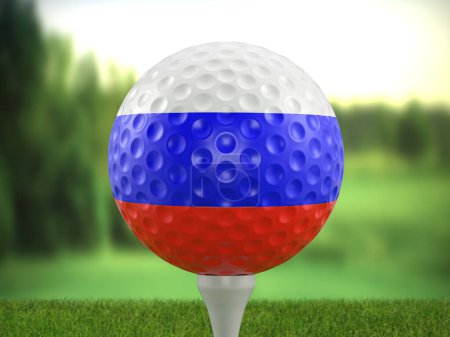 Foto de Golf ball Russia flag on a golf course. 3d illustration. - Imagen libre de derechos
