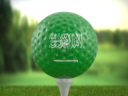 Foto de Golf ball Saudi Arabia flag on a golf course. 3d illustration. - Imagen libre de derechos