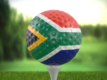 Foto de Golf ball South Africa flag on a golf course. 3d illustration. - Imagen libre de derechos