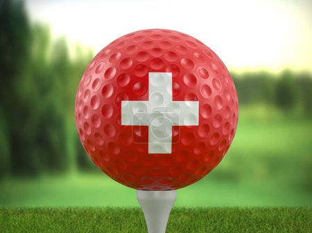 Téléchargez les photos : Golf ball Switzerland flag on a golf course. 3d illustration. - en image libre de droit
