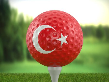Foto de Golf ball Turkey flag on a golf course. 3d illustration. - Imagen libre de derechos