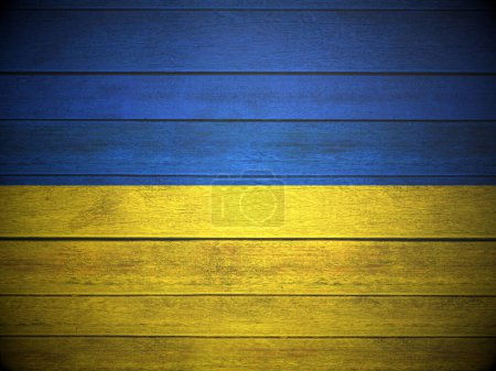 Foto de Ukraine flag painted on wooden planks background. 3d illustration. - Imagen libre de derechos