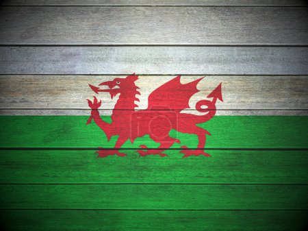 Téléchargez les photos : Drapeau du Pays de Galles peint sur des planches en bois. Illustration 3d. - en image libre de droit