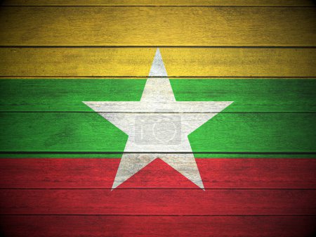 Foto de Bandera de Myanmar pintada sobre tablones de madera. ilustración 3d. - Imagen libre de derechos