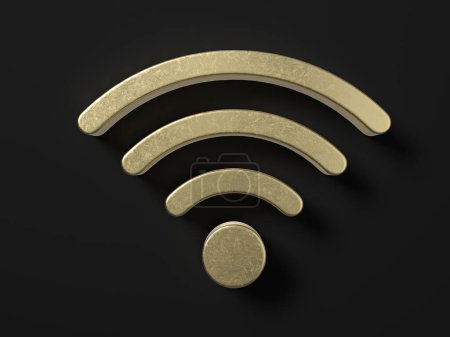 Téléchargez les photos : Symbole wifi doré sur fond noir. Illustration 3d. - en image libre de droit
