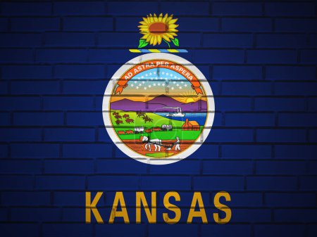 Téléchargez les photos : Mur de briques fond du drapeau de l'État du Kansas. Illustration 3d. - en image libre de droit