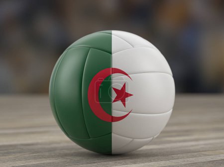 Téléchargez les photos : Ballon de volley-ball drapeau algérien sur un sol en bois. Illustration 3d. - en image libre de droit