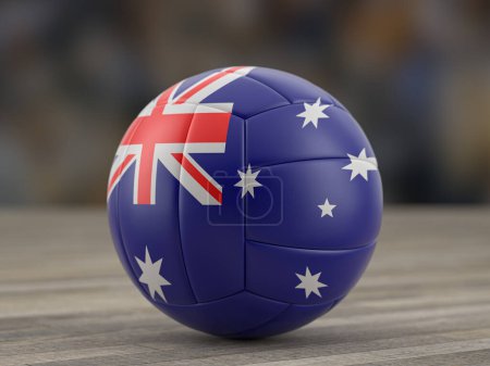 Téléchargez les photos : Ballon de volley-ball drapeau australien sur un sol en bois. Illustration 3d. - en image libre de droit