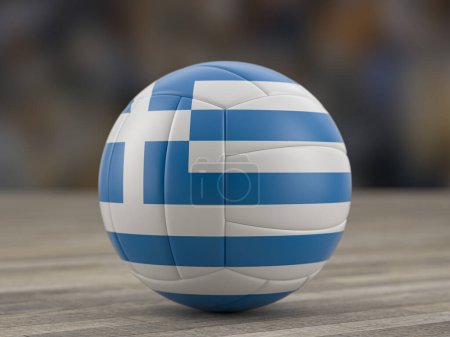 Téléchargez les photos : Ballon de volley-ball drapeau grec sur un sol en bois. Illustration 3d. - en image libre de droit