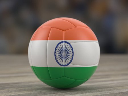 Téléchargez les photos : Ballon de volley-ball drapeau de l'Inde sur un sol en bois. Illustration 3d. - en image libre de droit