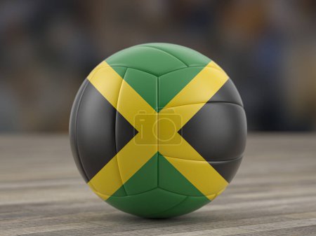 Téléchargez les photos : Ballon de volley-ball drapeau jamaïcain sur un sol en bois. Illustration 3d. - en image libre de droit