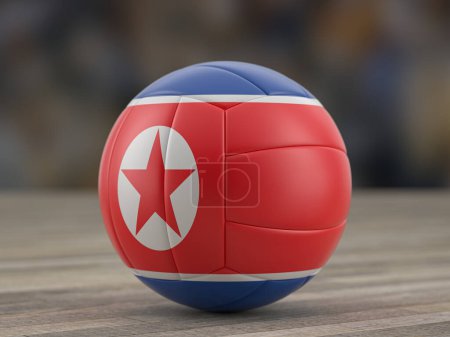 Téléchargez les photos : Balle de volley-ball drapeau nord-coréen sur un sol en bois. Illustration 3d. - en image libre de droit