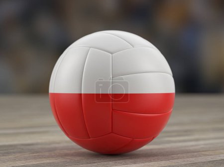 Téléchargez les photos : Ballon de volley-ball drapeau de Pologne sur un sol en bois. Illustration 3d. - en image libre de droit