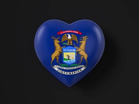 Téléchargez les photos : Drapeau cardiaque de l'État du Michigan sur fond noir. Illustration 3d. - en image libre de droit