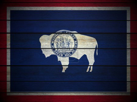 Téléchargez les photos : Fond drapeau Wyoming en bois. Illustration 3d. - en image libre de droit